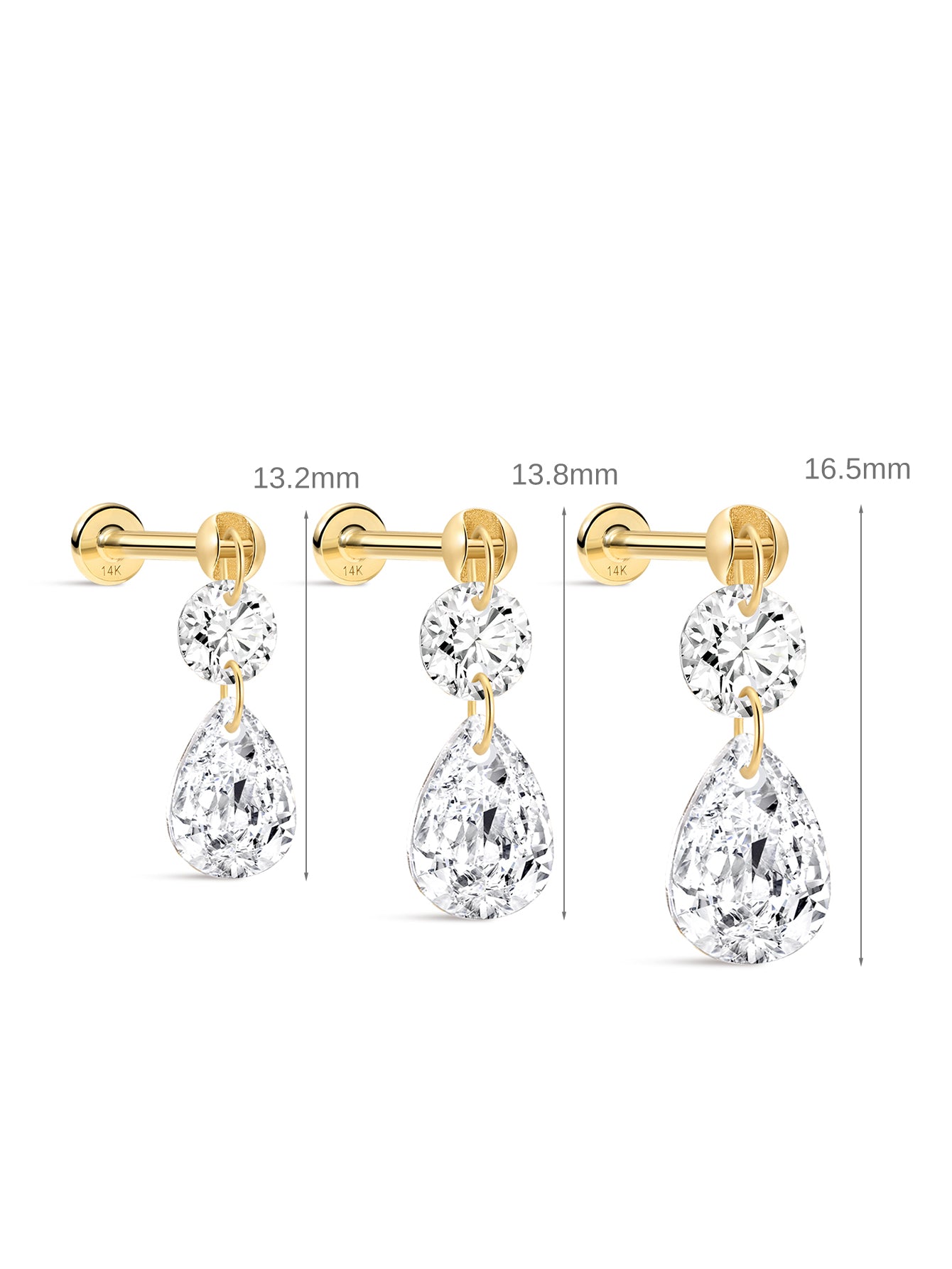 Gold and crystal earrings with measurements on a white background