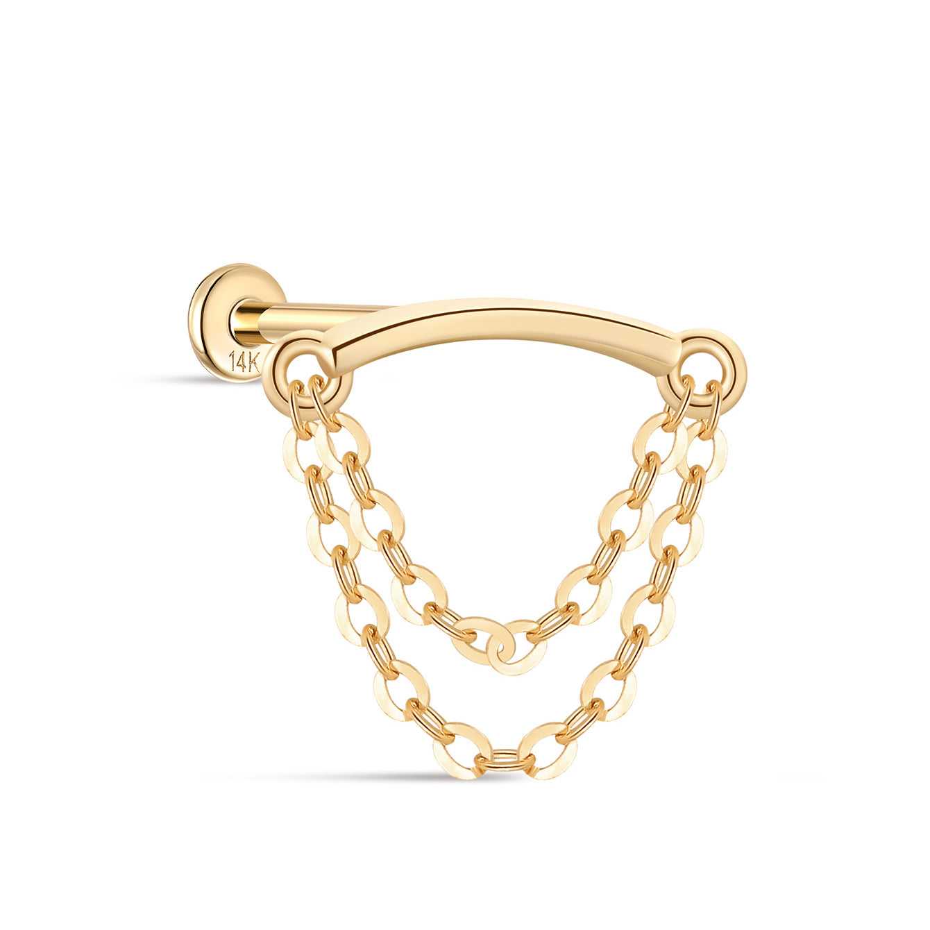 14K Solid Gold Double Tassel Chain Ear Piercing Stud - Kosinerjewelry