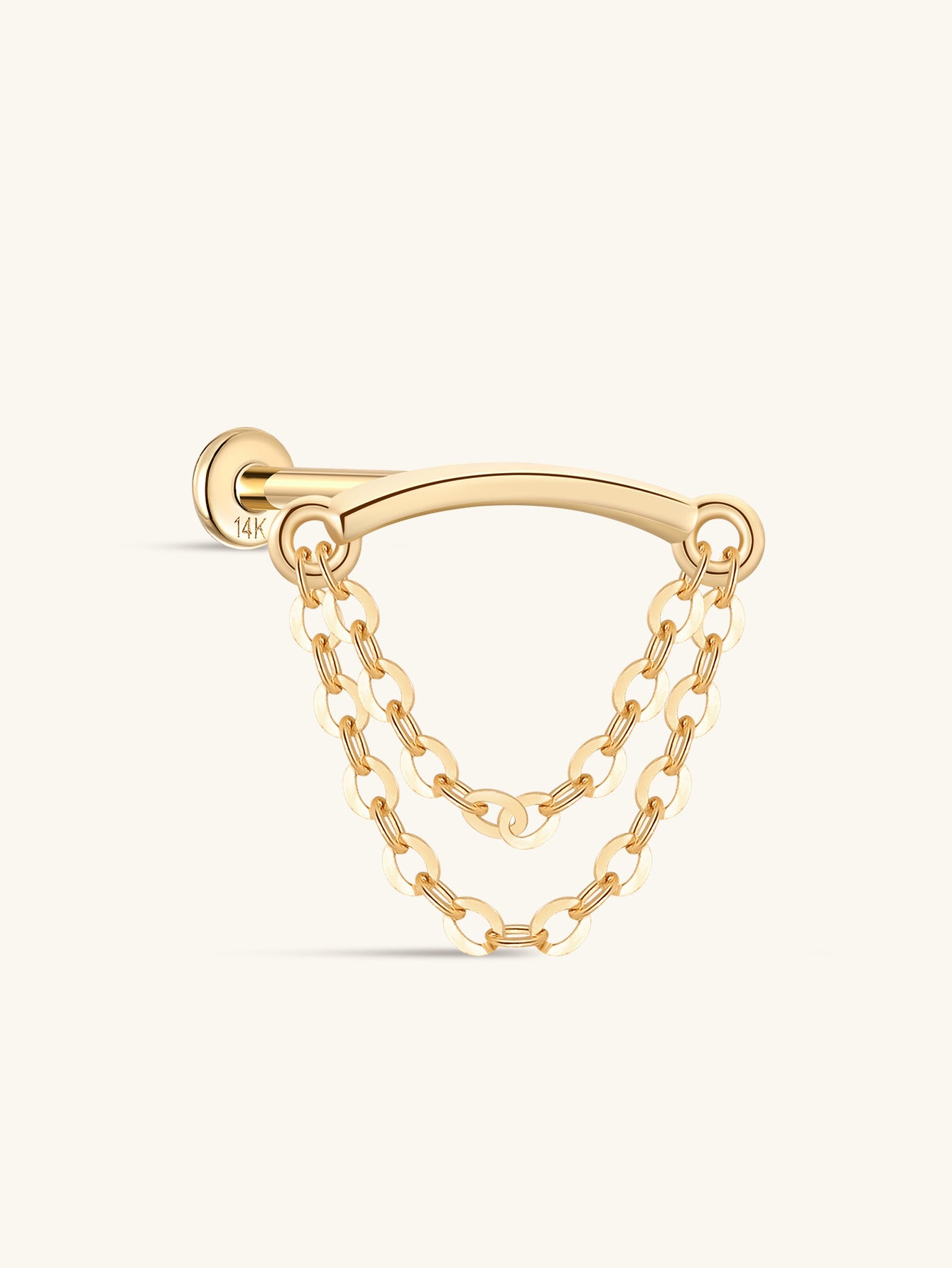 14K Solid Gold Double Tassel Chain Ear Piercing Stud - Kosinerjewelry