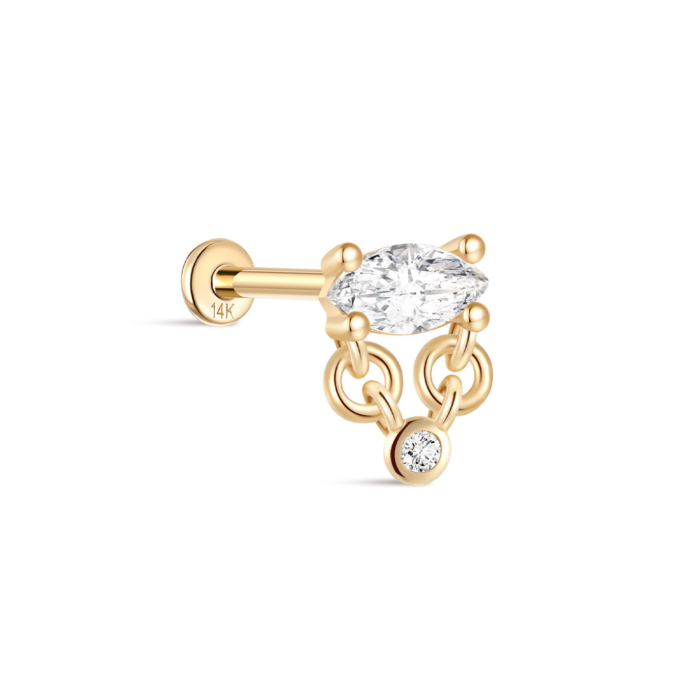 kosiner jewelry 14k Solid Gold Marquise Tassel Flatback Ear Piercing Stud