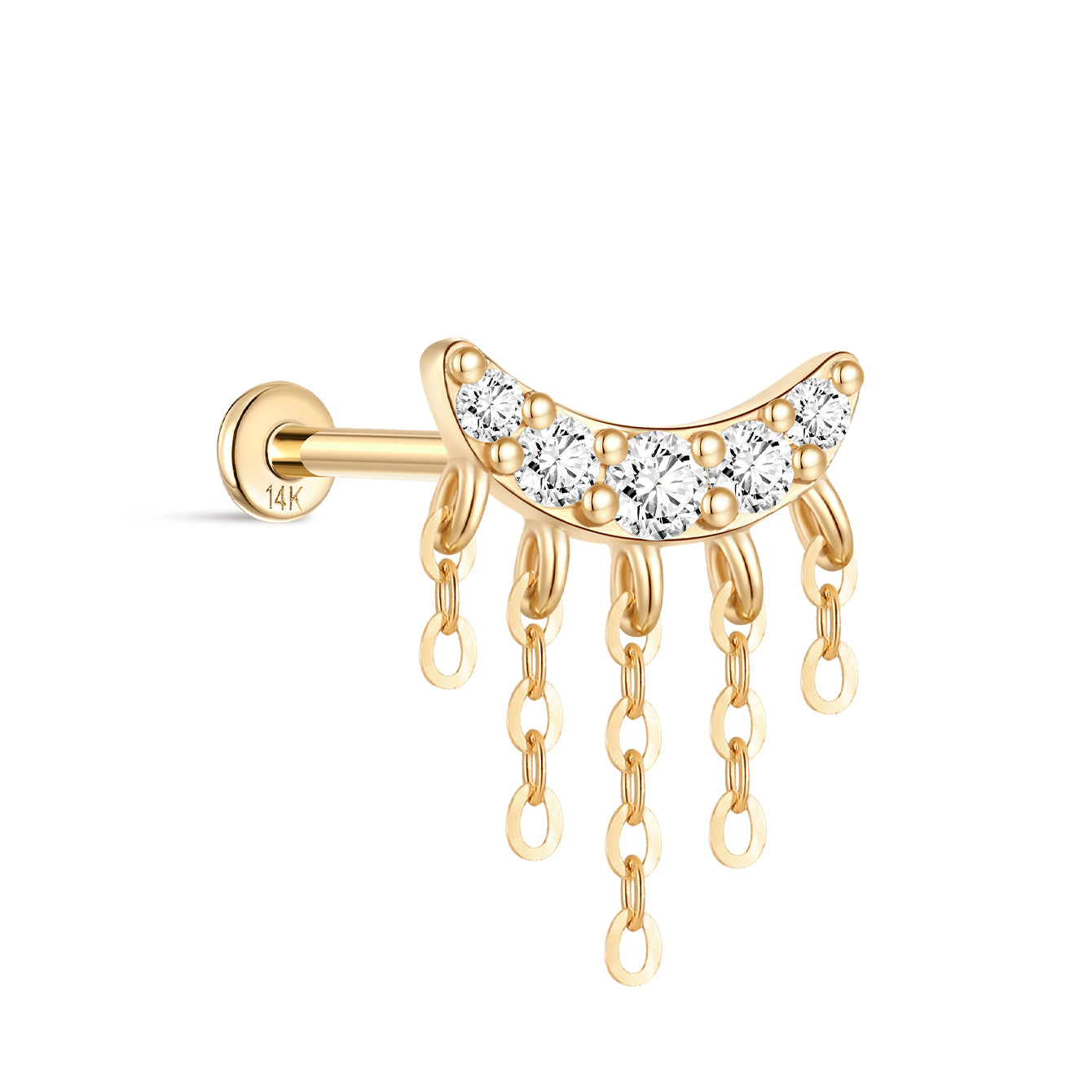 kosiner jewelry 14k Solid Gold Crescent - shaped Tassel Flatback Ear Piercing Stud