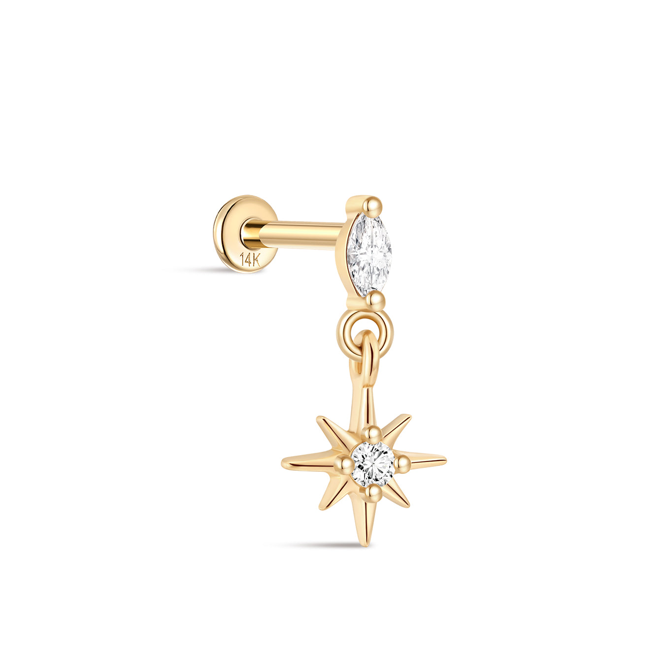 kosiner jewelry 14K Solid Gold Marquise North Star Flatback Stud