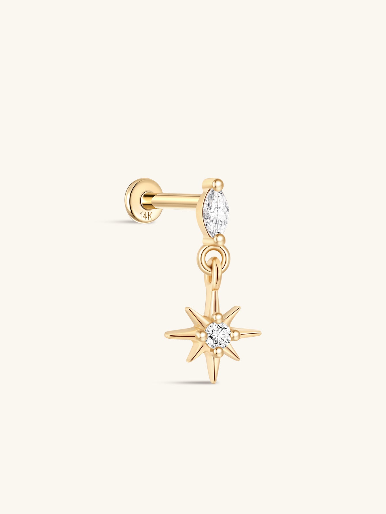 kosiner jewelry 14K Solid Gold Marquise North Star Flatback Stud