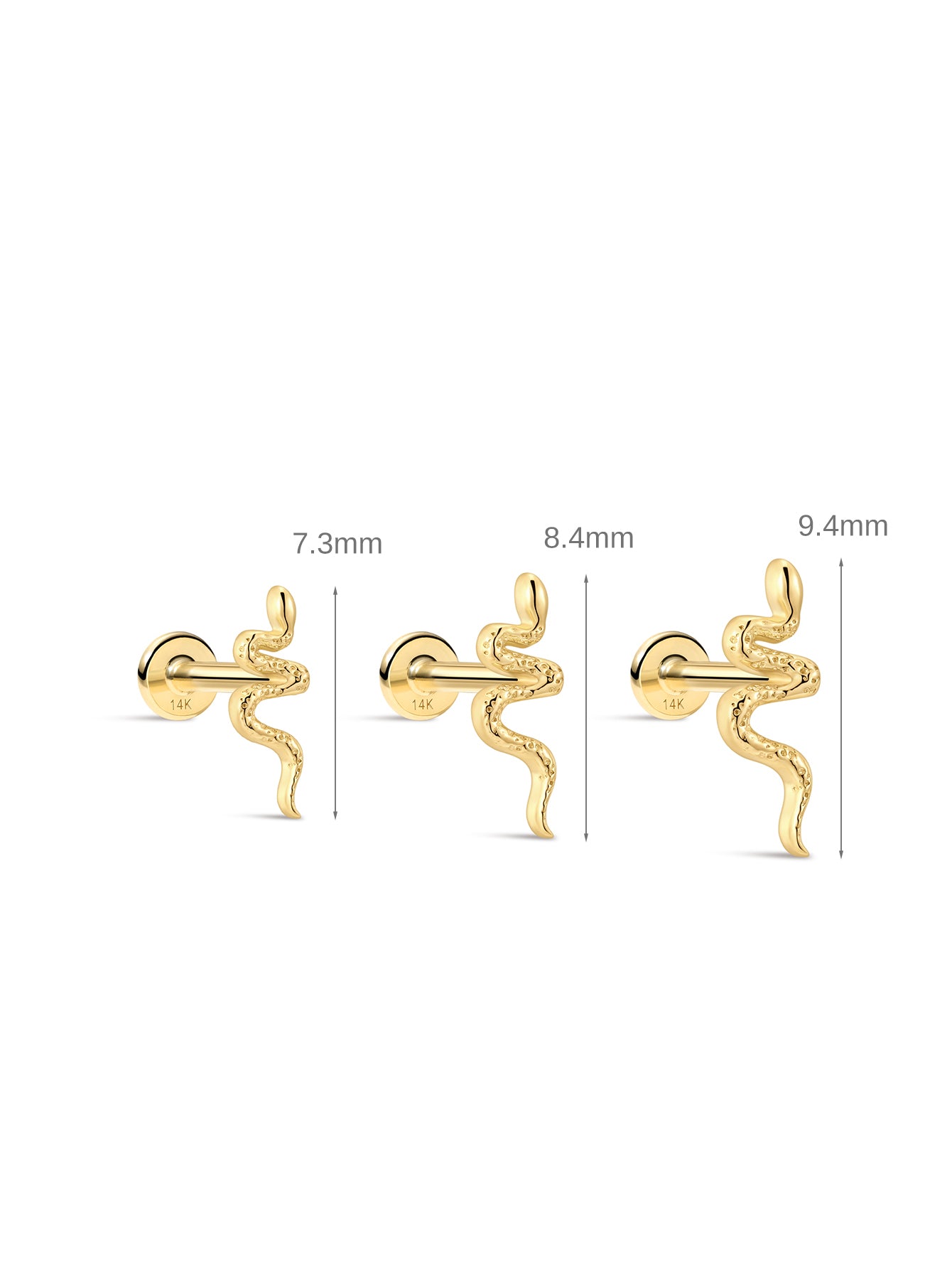Tabella delle misure dei perni serpente in oro 14K KOSINER, opzioni 7,3 mm/8,4 mm/9,4 mm