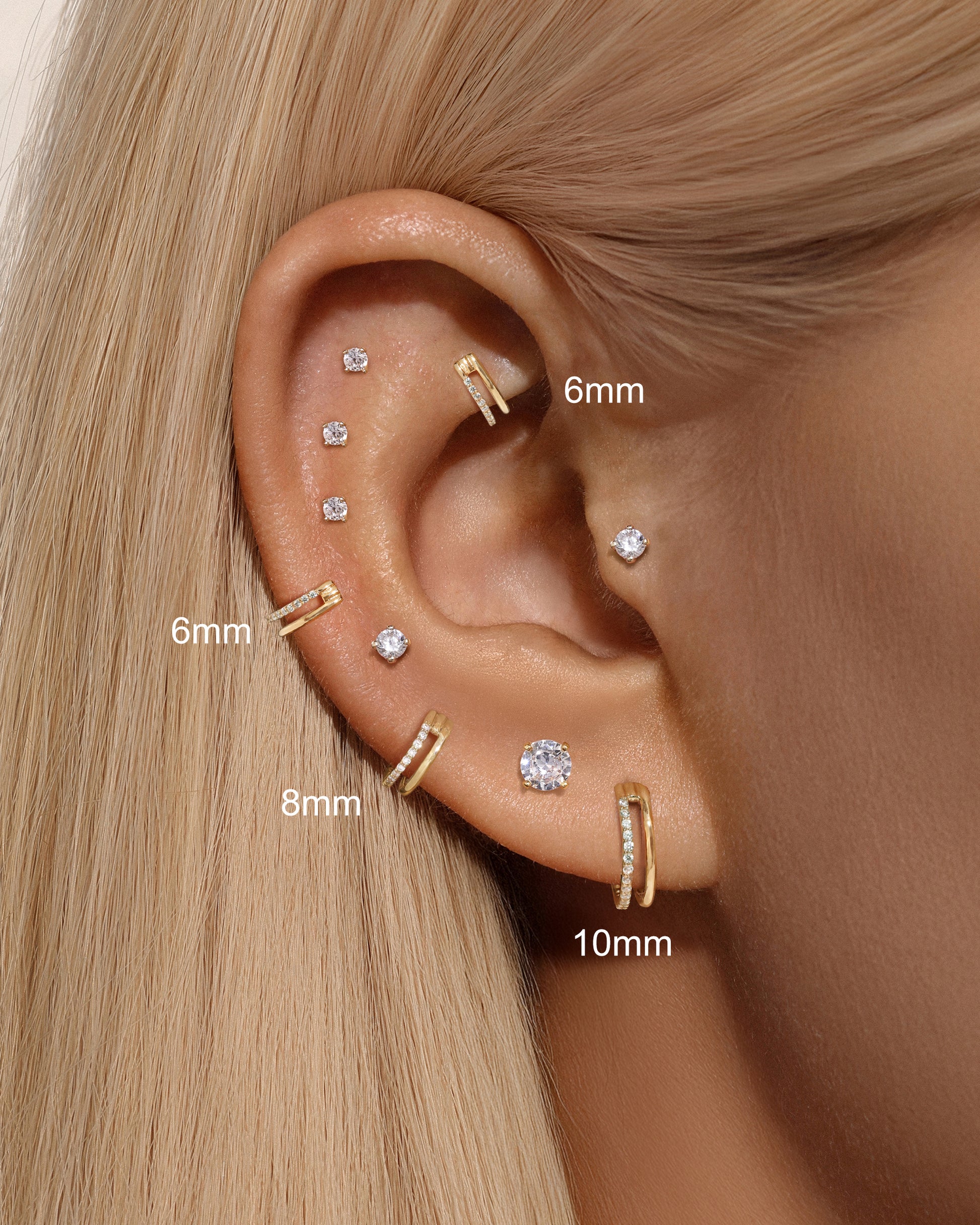 Pendiente de aro pavé de una hilera de doble capa de oro macizo de 14 quilates