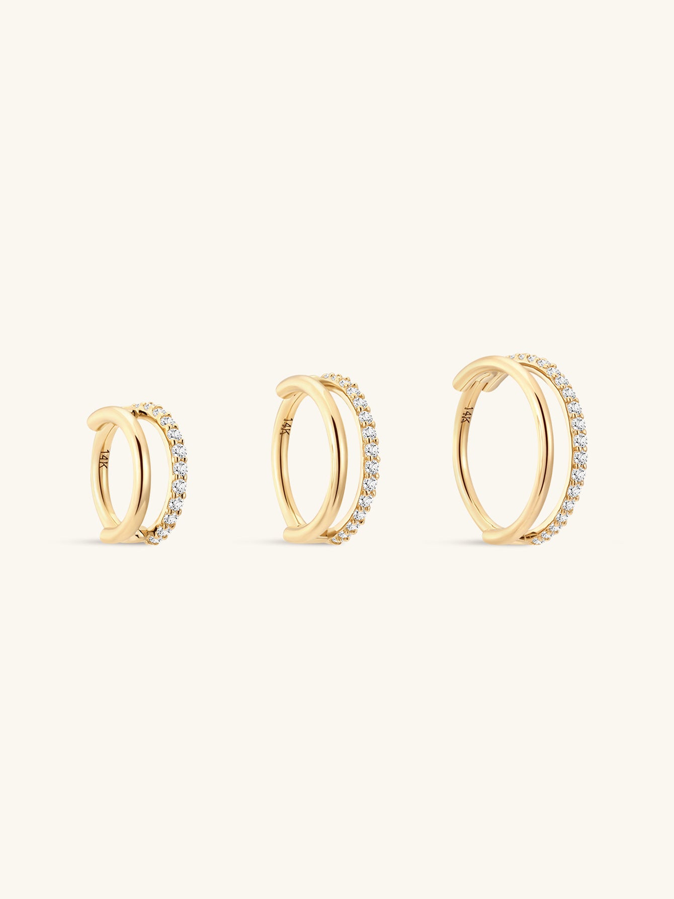 14K Solid Gold Double-layer Single Row Pave Hoop Earring