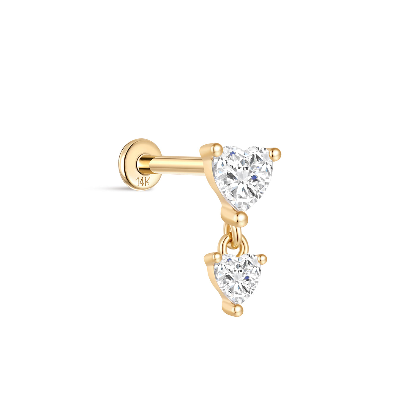 kosiner jewelry 14K Solid Gold Double Heart Dangle Flatback Stud