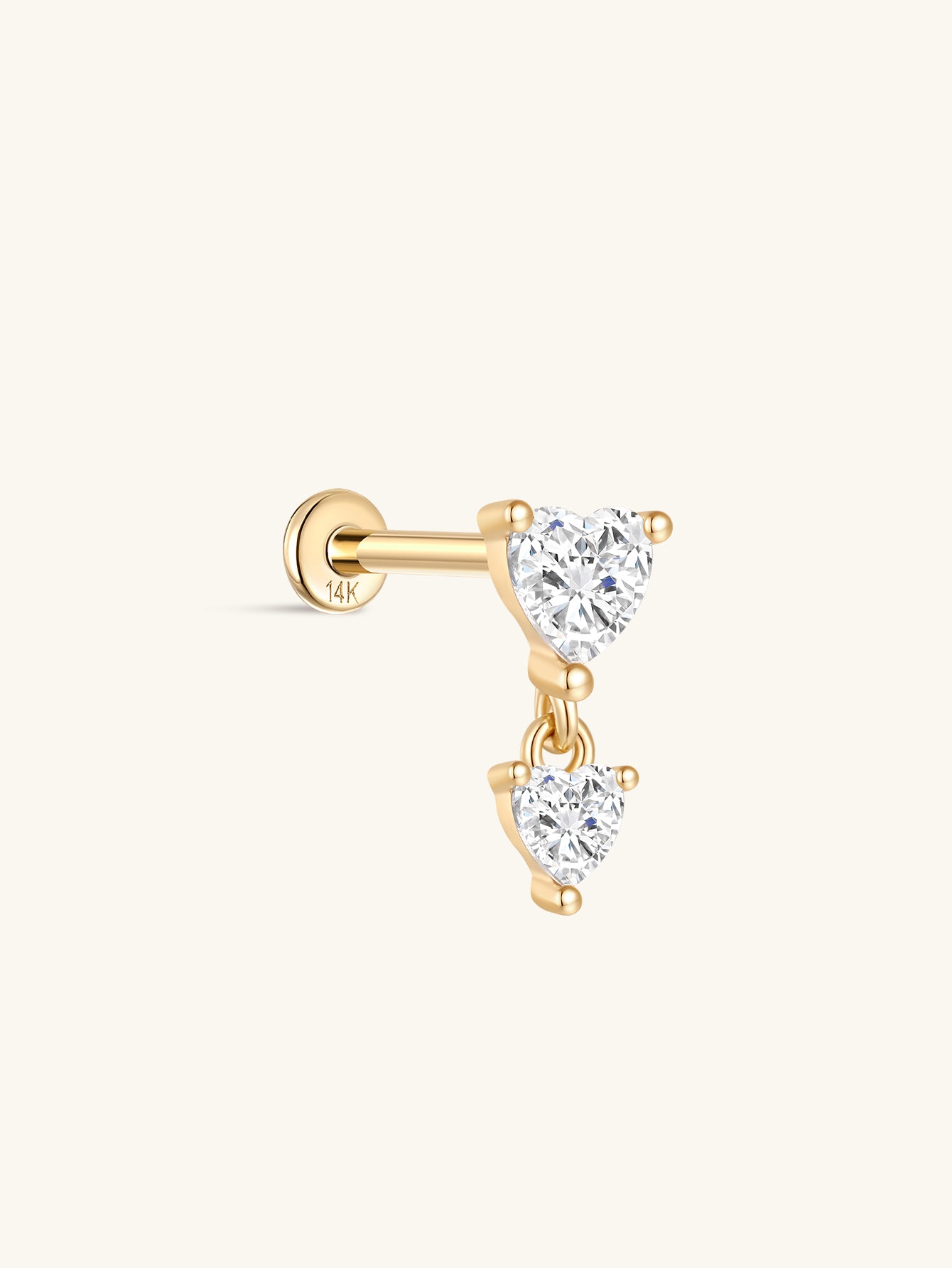 kosiner jewelry 14K Solid Gold Double Heart Dangle Flatback Stud