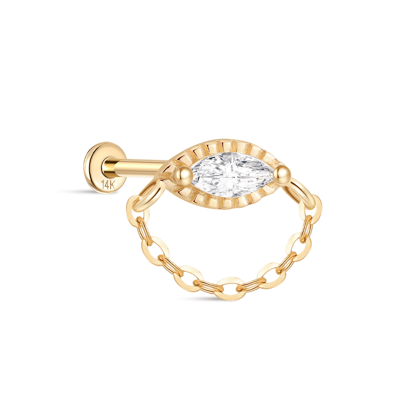 kosiner jewelry 14K Solid Gold Marquise Chain Drop Flatback Stud