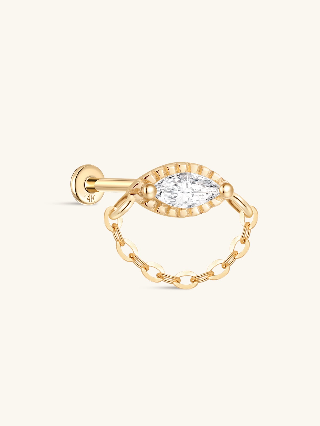 kosiner jewelry 14K Solid Gold Marquise Chain Drop Flatback Stud