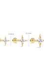 Gold star-shaped earrings with measurements on a white background