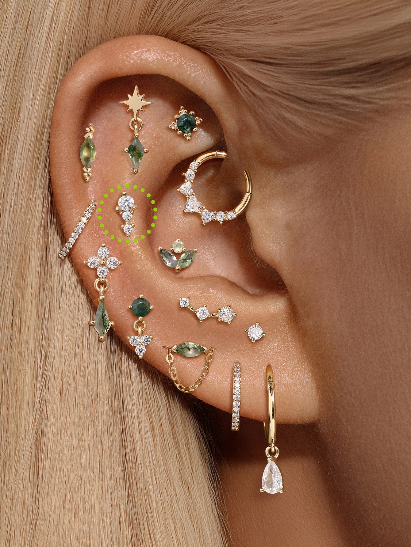 Perno per piercing all'orecchio a fila singola in oro massiccio 14k