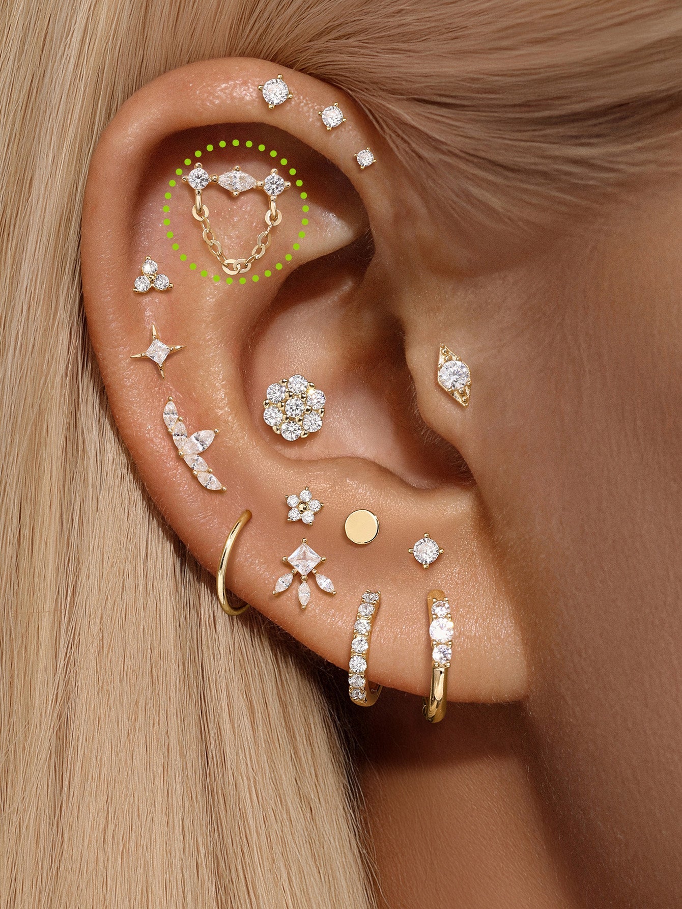 kosiner jewelry 14K Solid Gold Sparkle Line Chain Flatback Stud