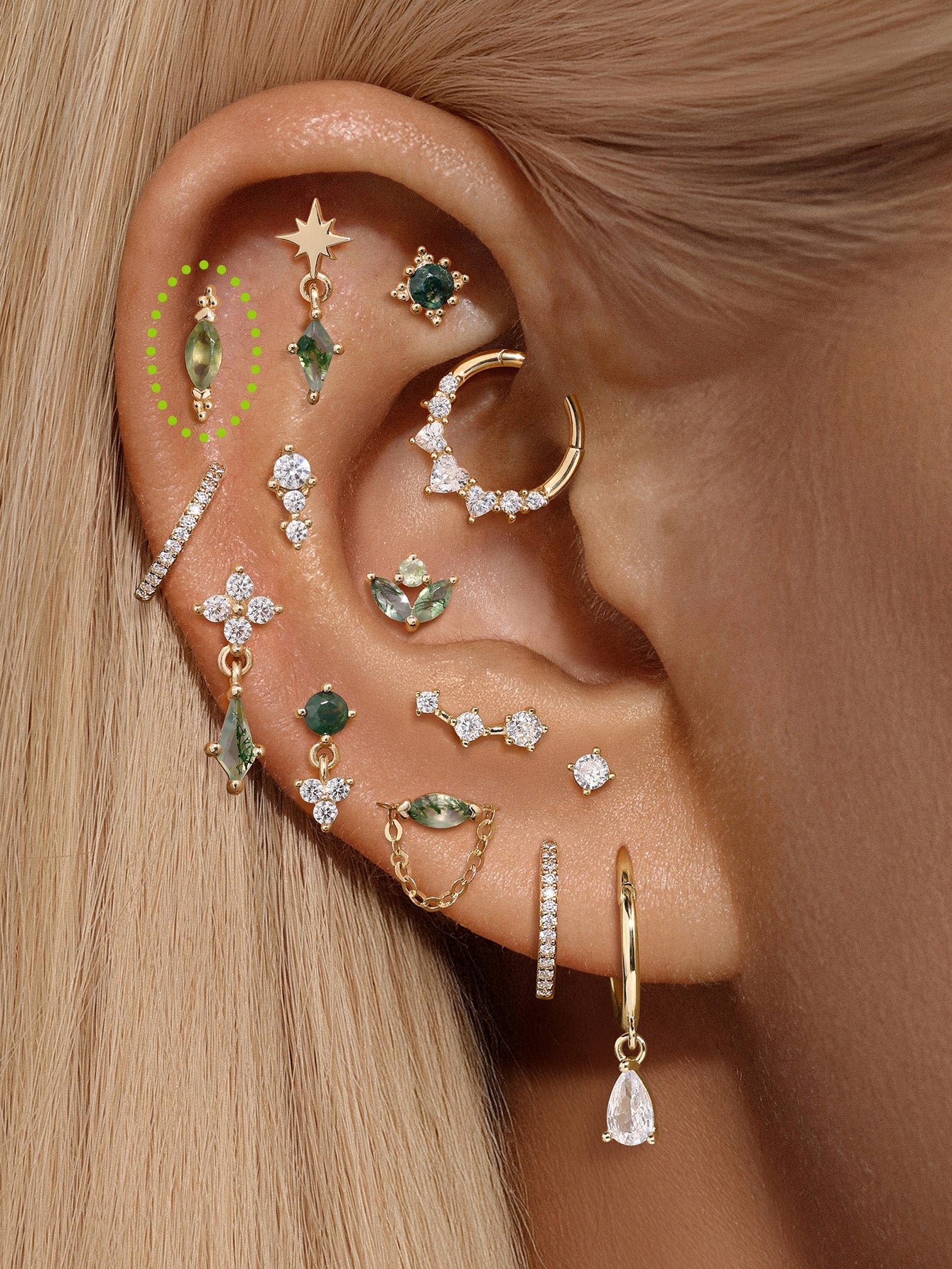 kosiner jewelry 14K Solid Gold Shiny Moss Agate Flatback Stud