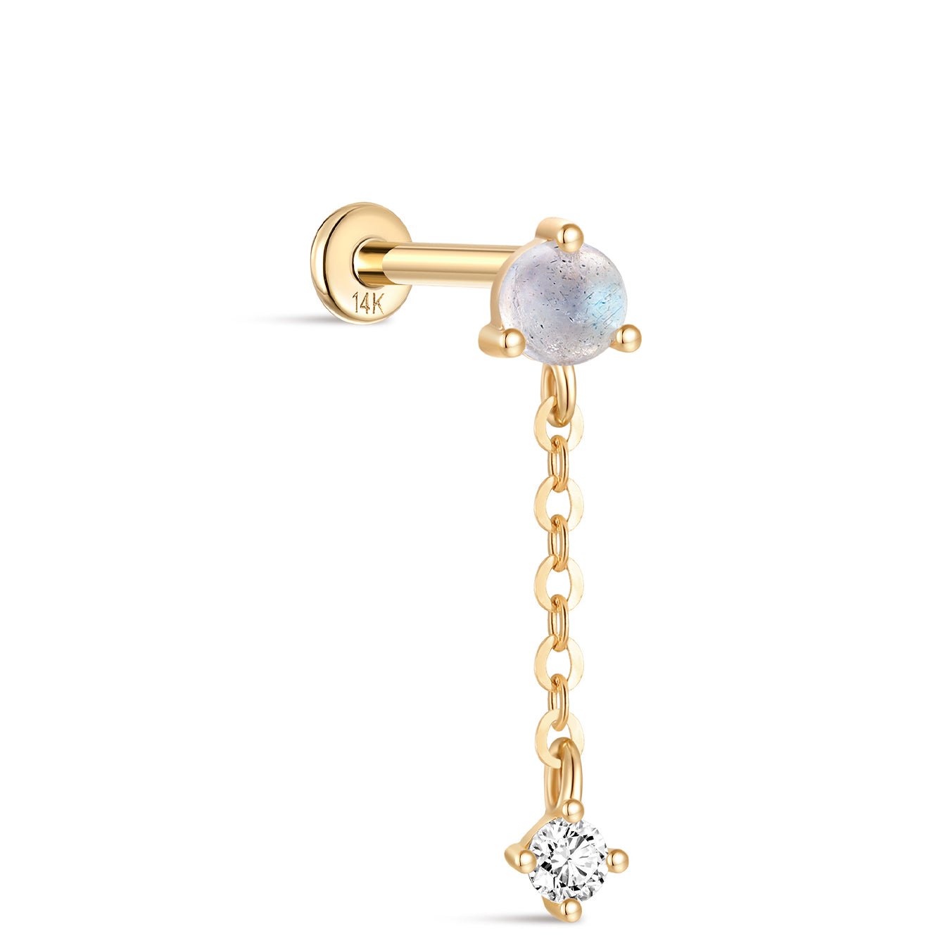 kosiner jewelry 14K Solid Gold Moonstone Chain Drop Flatback Stud