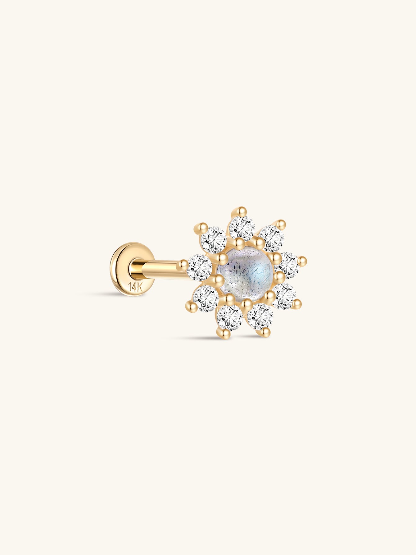 kosiner jewelry 14K Solid Gold Sunflower Moonstone Flatback Stud