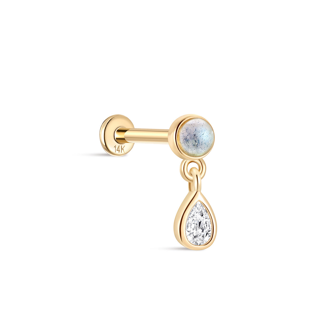 kosiner jewelry 14K Solid Gold Bezel Pear Dangle Moonstone Flatback Stud