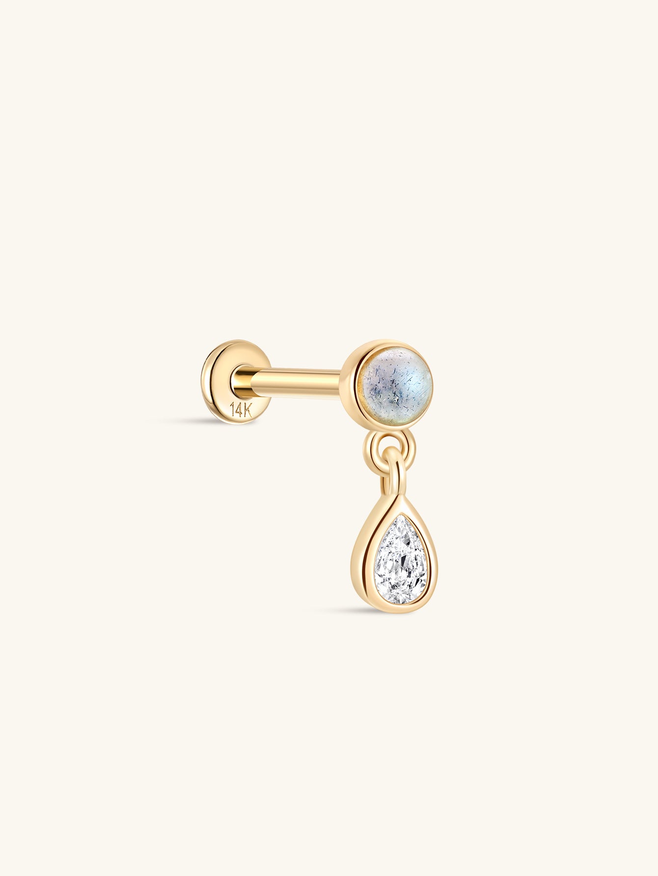 kosiner jewelry 14K Solid Gold Bezel Pear Dangle Moonstone Flatback Stud