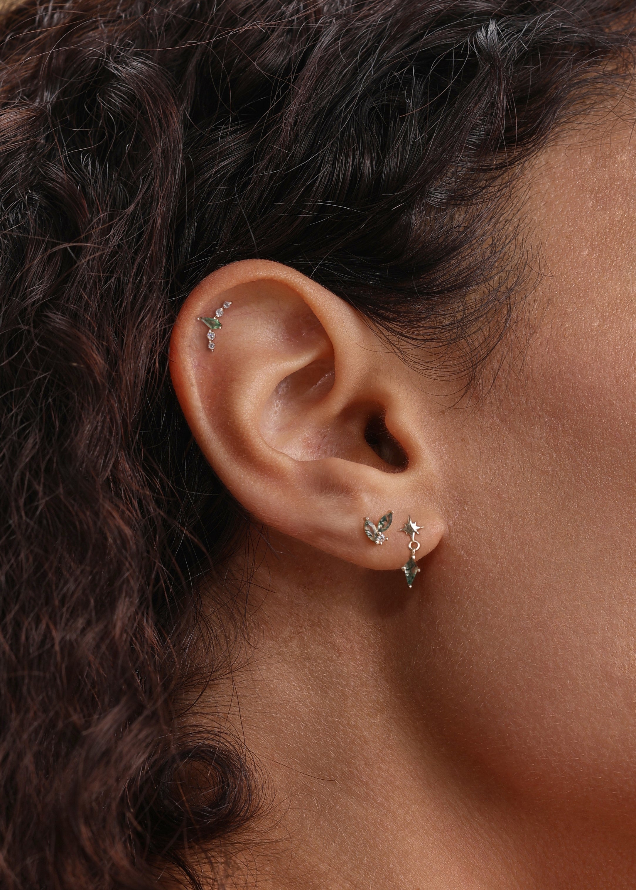 14K Solid Gold Moss Agate Eight-pointed Star Flatback Stud