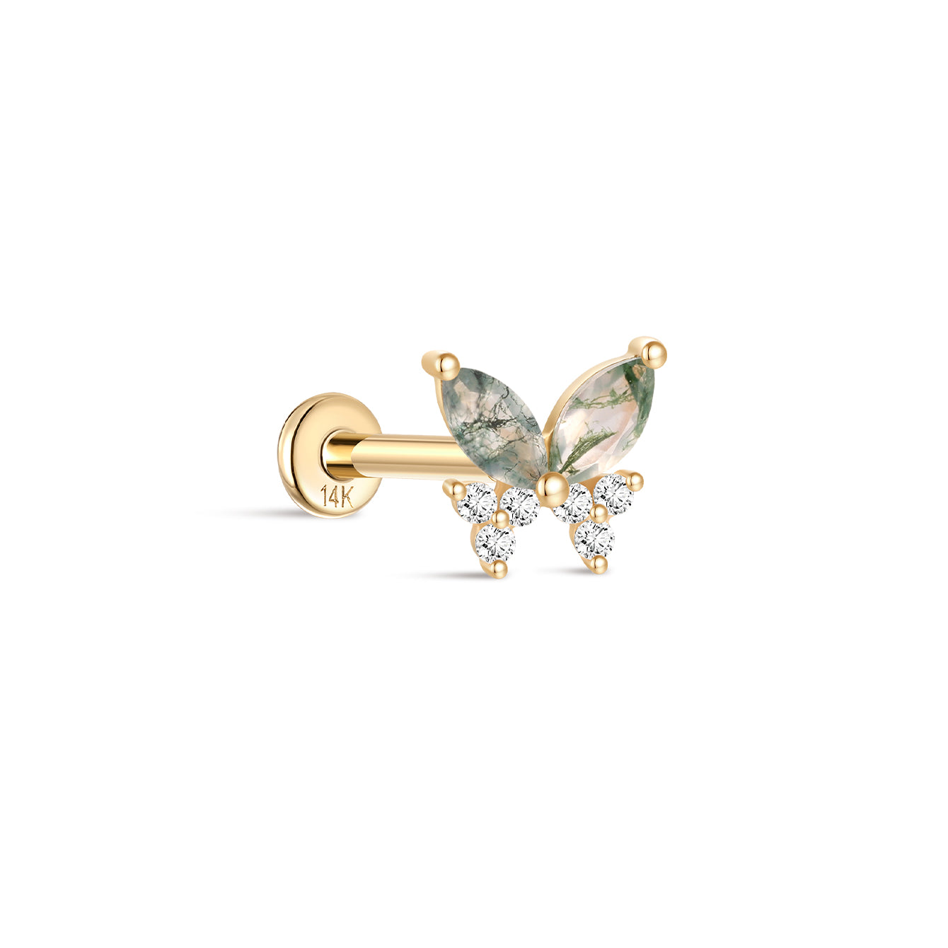 kosiner jewelry 14K Solid Gold Moss Agate Butterfly Flatback Stud