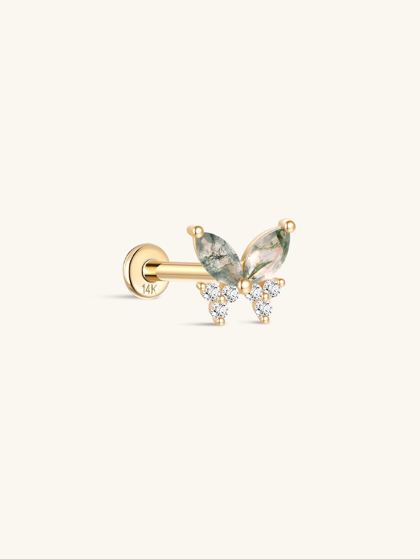 kosiner jewelry 14K Solid Gold Moss Agate Butterfly Flatback Stud
