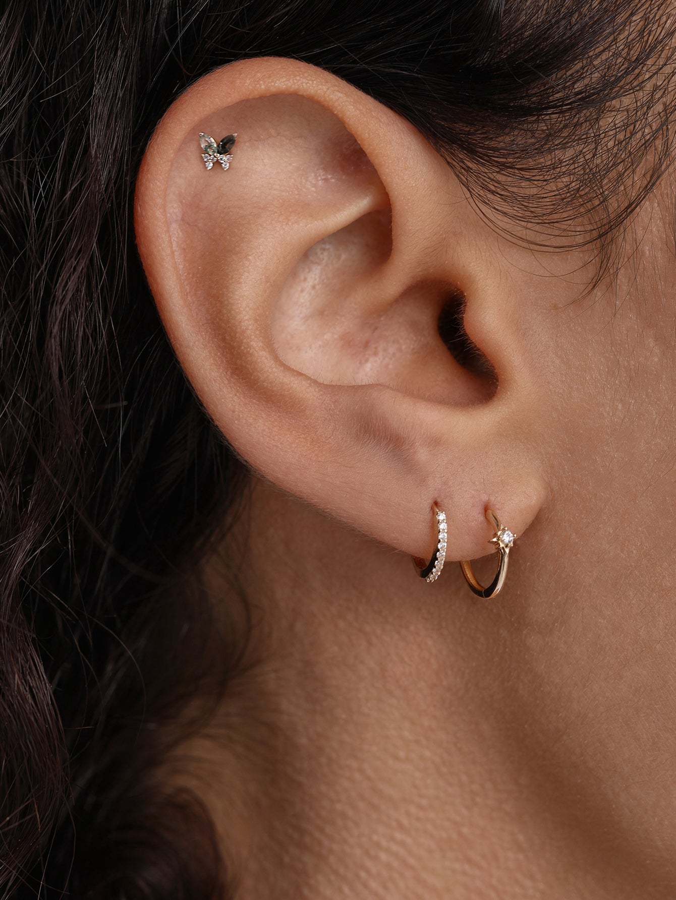 14K Solid Gold Moss Agate Butterfly Flatback Stud