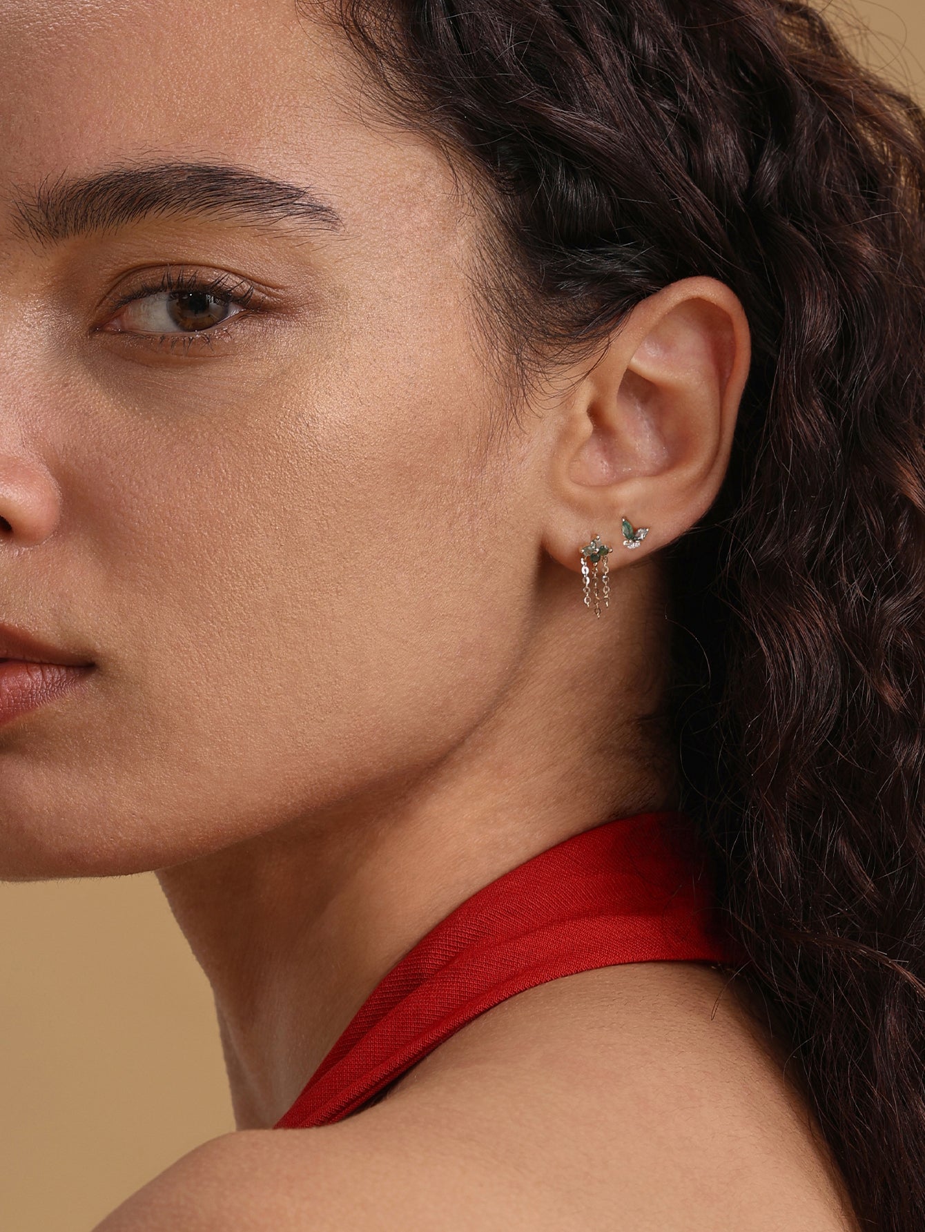 14K massief gouden mosagaat bloem kwast plaksteen Stud