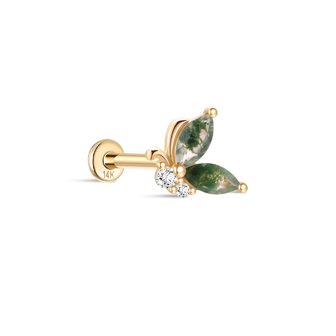 kosiner jewelry 14K Solid Gold Butterfly Moss Agate Flatback Stud