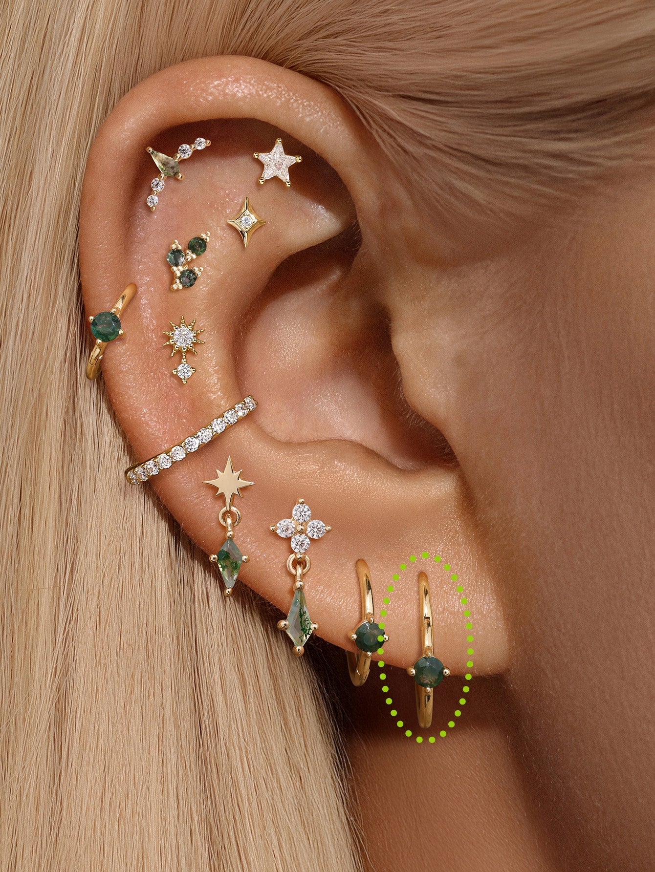 Joias Kosiner Brincos de argola clássicos de ágata musgo em ouro maciço 14K