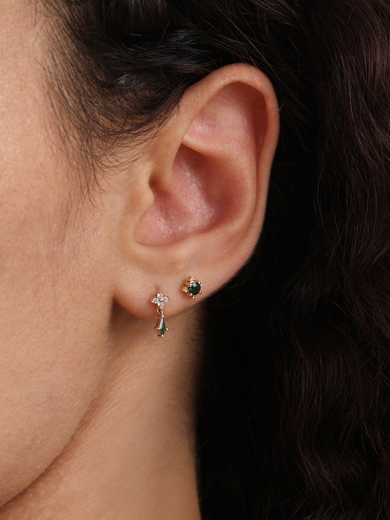 14K Solid Gold Moss Agate Flower Flatback Stud