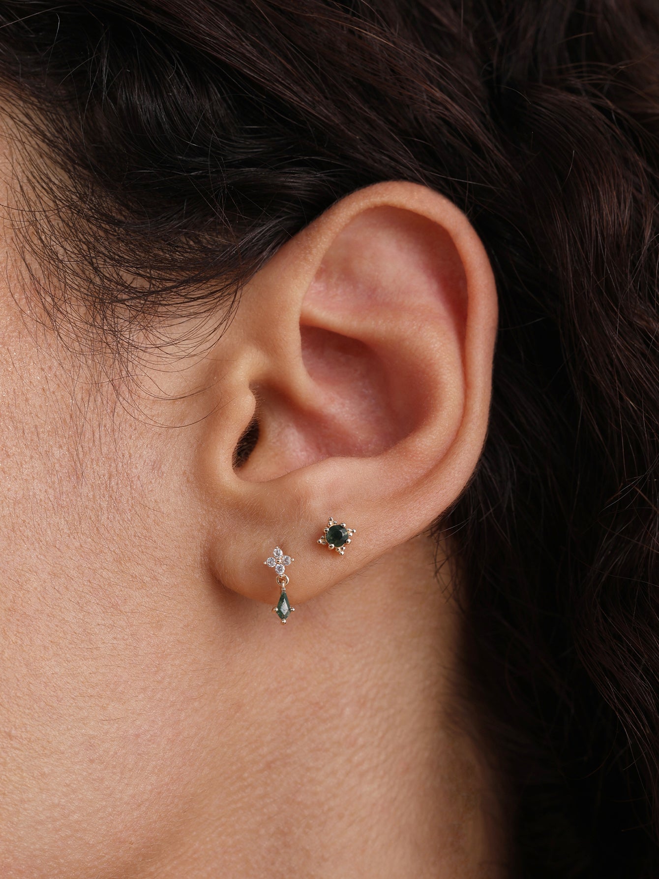 14K Solid Gold Moss Agate Classic Flatback Stud