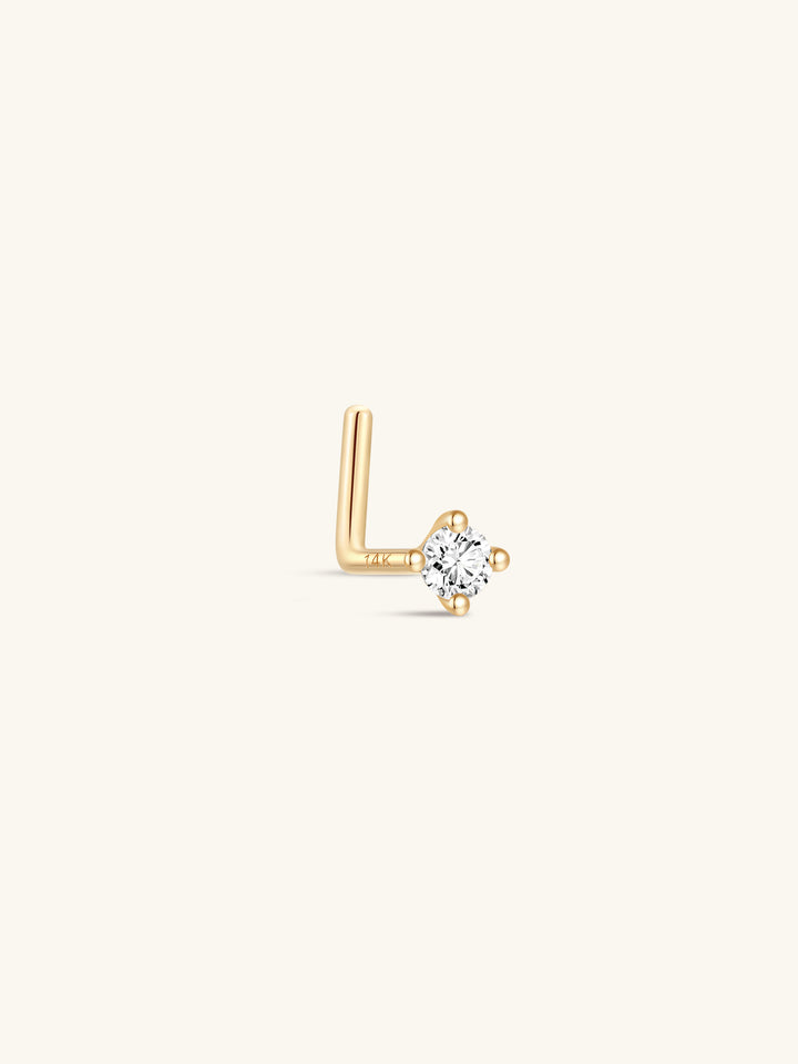 KOSINER 14K Solid Gold Classic L-Shape Nose Piercing Stud featuring ultra-shine AAAAA cubic zirconia, designed for a sleek and elegant look.