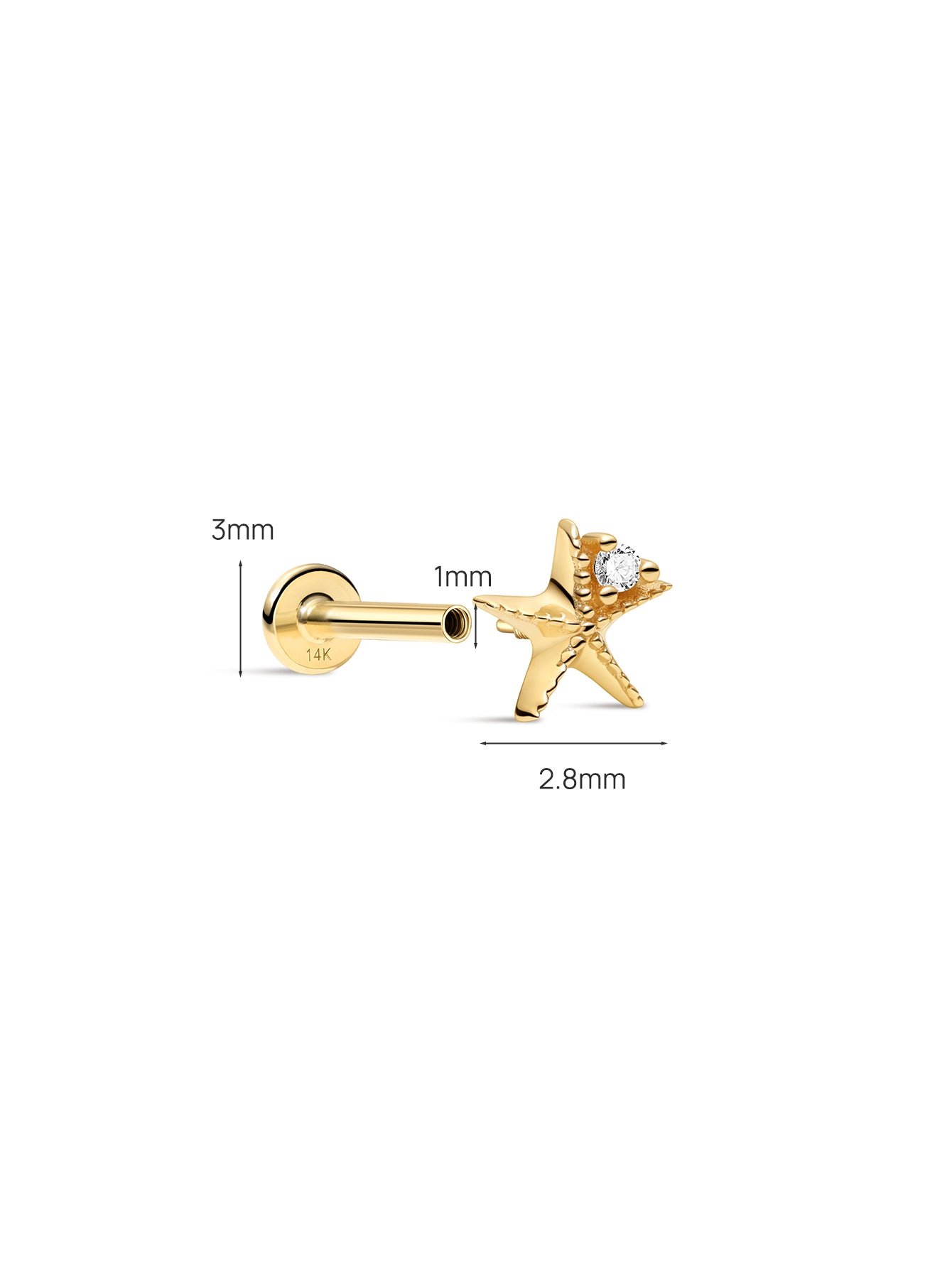 14K massief gouden Sea Spritz CZ Sea Star platte achterkant