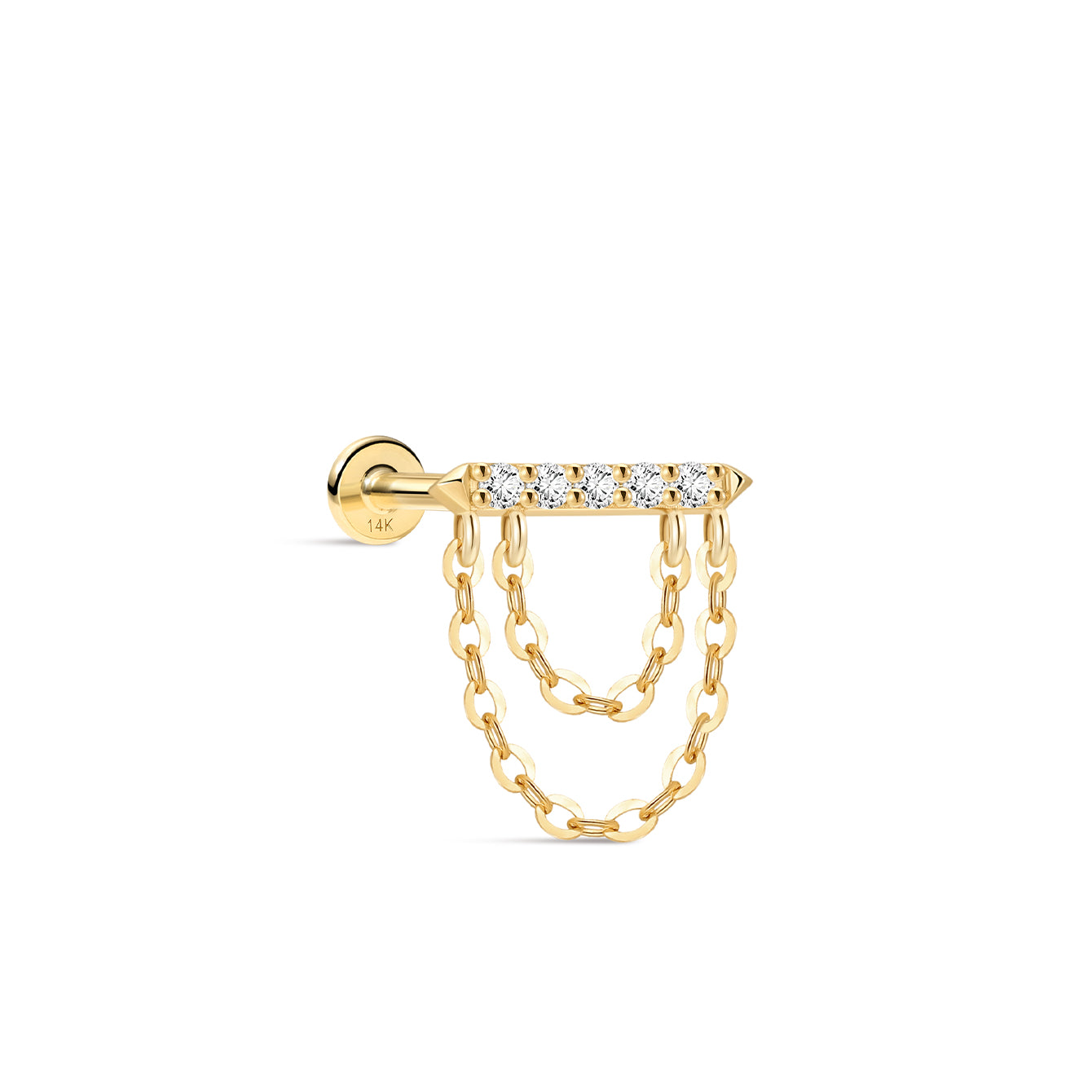 Goujon géométrique à dos plat géométrique à pompon prisme en or massif 14 carats