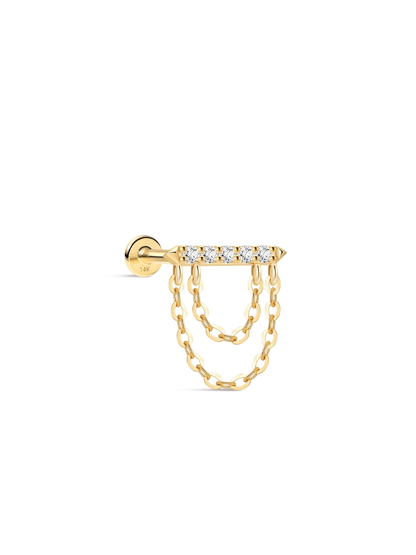 Goujon géométrique à dos plat géométrique à pompon prisme en or massif 14 carats