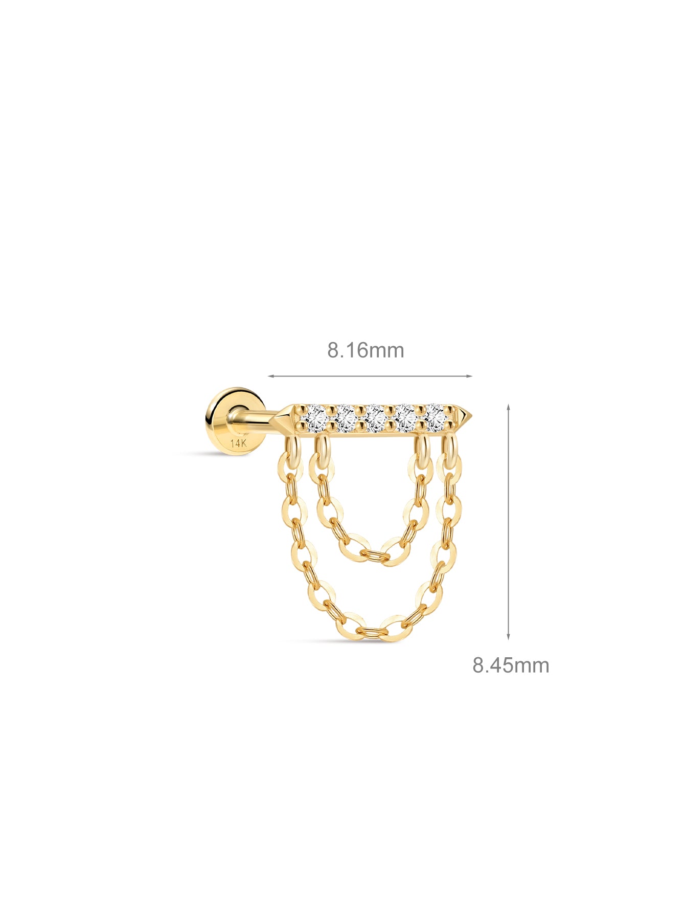 Goujon géométrique à dos plat géométrique à pompon prisme en or massif 14 carats