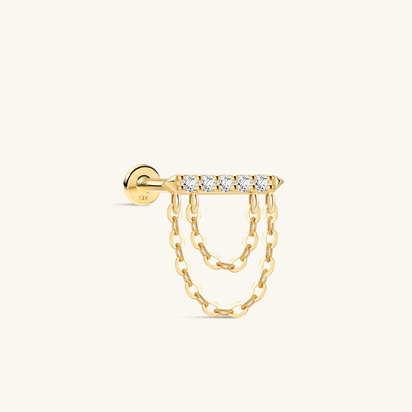 KOSINER Prism minimalist double chain pendant flat back stud crafted in 14K solid gold, top bar pave-set round cubic zirconia stones, two layered dangling chain details, internally threaded hypoallergenic helix cartilage piercing earring
