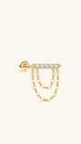 KOSINER Prism minimalist double chain pendant flat back stud crafted in 14K solid gold, top bar pave-set round cubic zirconia stones, two layered dangling chain details, internally threaded hypoallergenic helix cartilage piercing earring