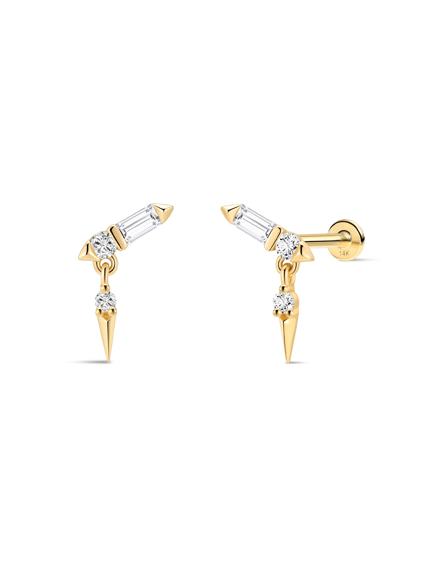 Goujon à dos plat à rivets scintillants en or massif 14 carats