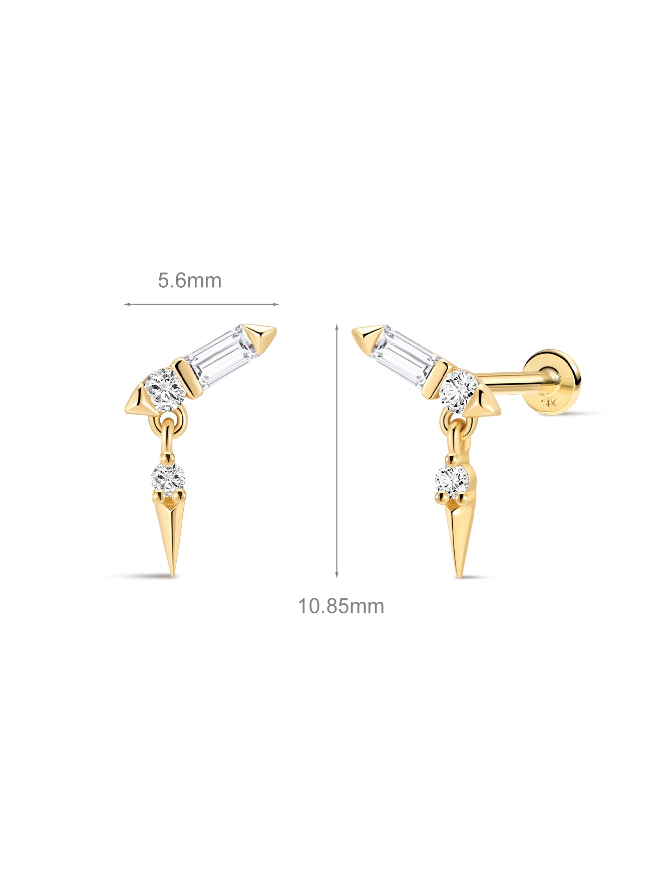 Goujon à dos plat à rivets scintillants en or massif 14 carats