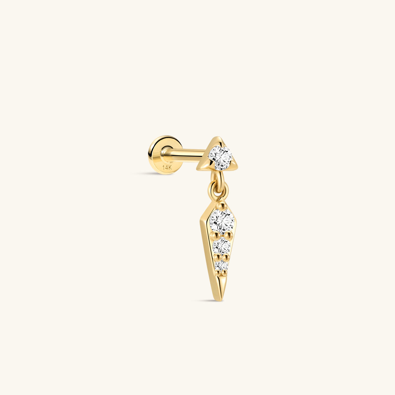 KOSINER Prism 14K solid gold sparkle rivet spike dangle flat back stud, angled baguette cubic zirconia bar with round accent stone, dangling pointed spike charm set with single round cz, internally threaded hypoallergenic helix piercing stud