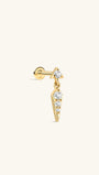 KOSINER Prism 14K solid gold sparkle rivet spike dangle flat back stud, angled baguette cubic zirconia bar with round accent stone, dangling pointed spike charm set with single round cz, internally threaded hypoallergenic helix piercing stud