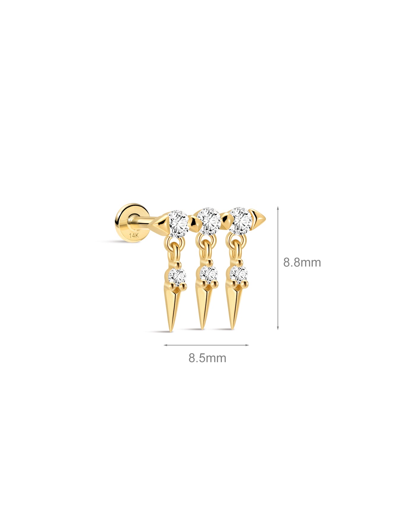 Goujon à dos plat de rivet de prisme en or massif 14 carats