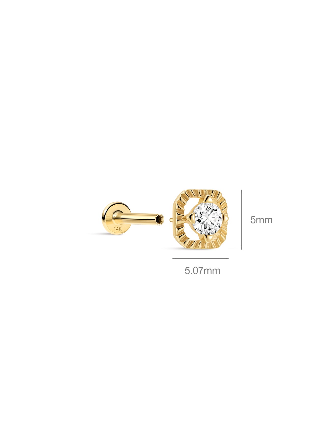 Étoile Quadrilateral Textured Round CZ Flatback Stud In 14k Solid Gold