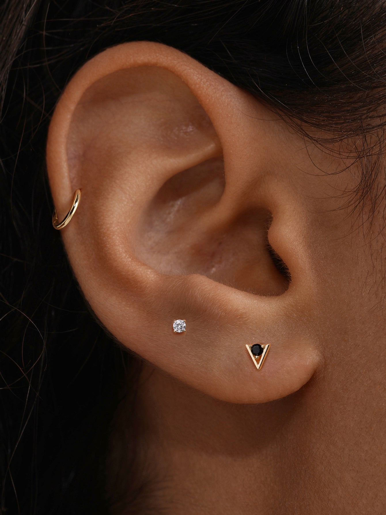 Puzzle Black Triangle CZ Flatback Stud in 14K Solid Gold