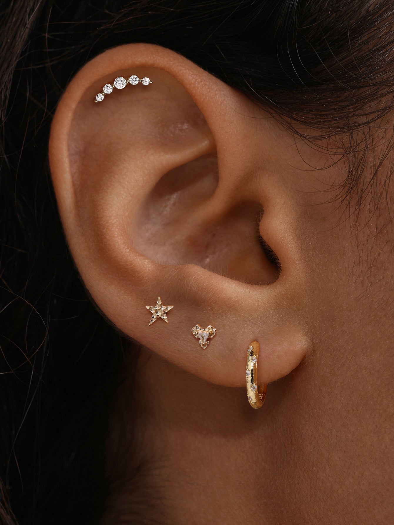 Hand Hammered Heart Trio Flatback  in 14K Solid Gold