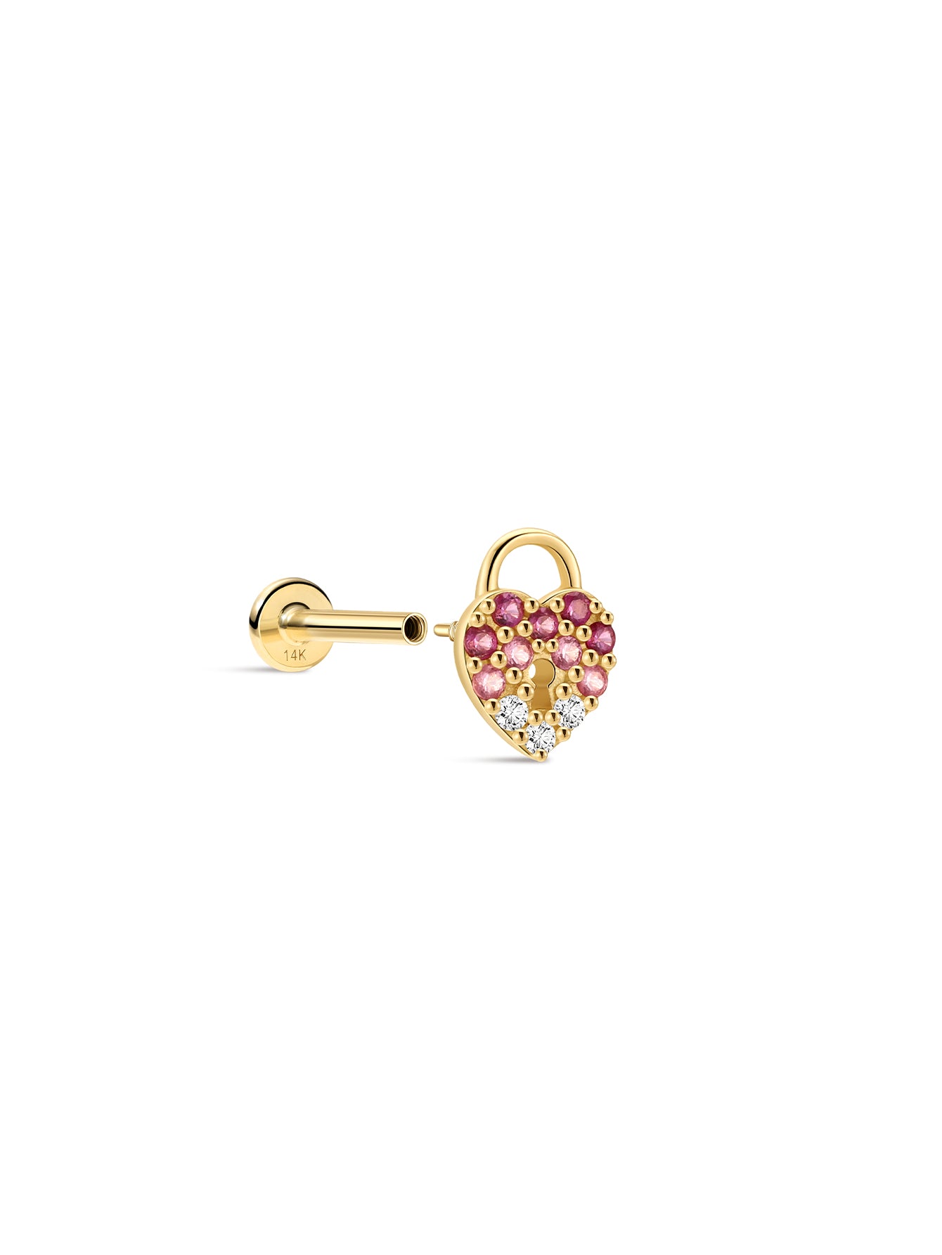 Pink Ritual Lock Heart Stud – 14K Solid Gold Pink CZ Flatback
