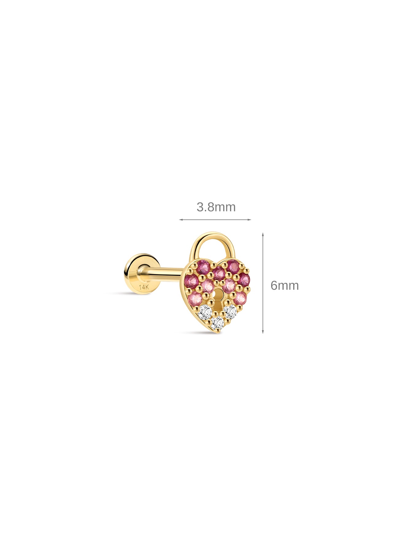 Pink Ritual Lock Heart Stud – 14K Solid Gold Pink CZ Flatback