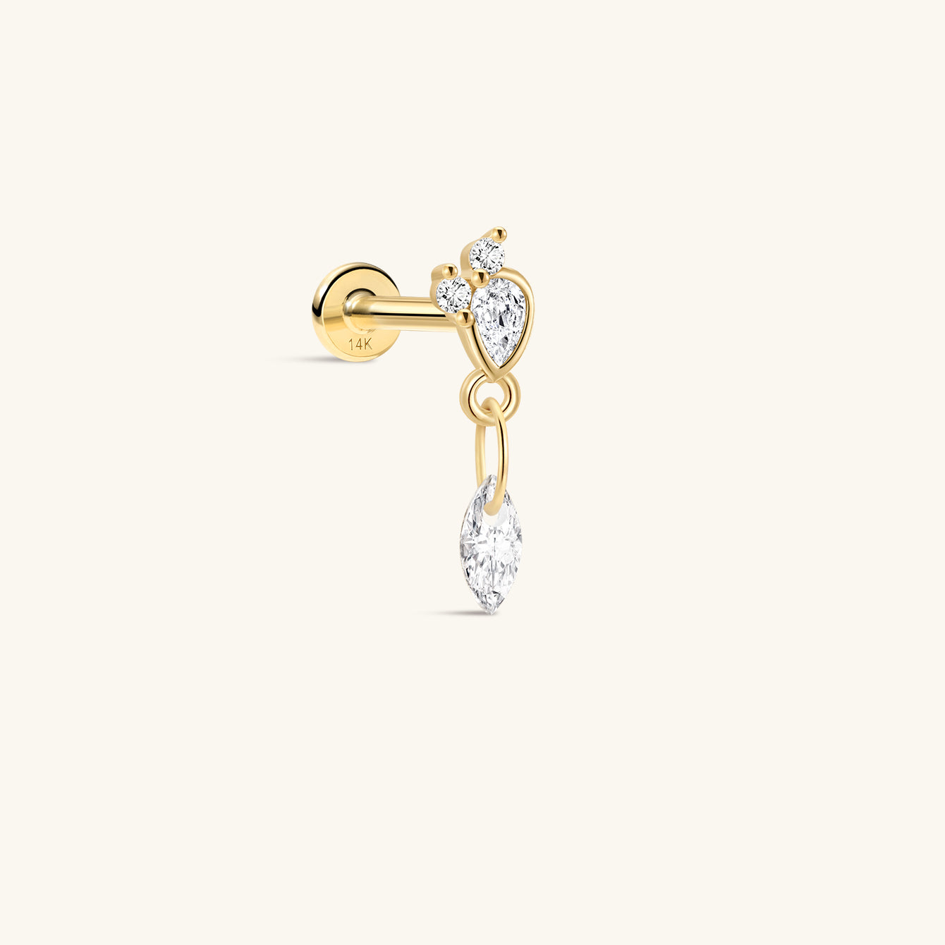 KOSINER 14K Solid Gold Marquise Drop Piercing Stud, Elegant Dual-Shape CZ Spliced Flat Back Cartilage Ear Jewelry