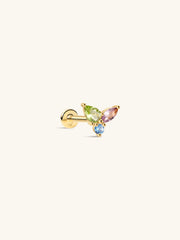KOSINER Gem Garden 14K Solid Gold Three-Tone Triangle Multi Gem Flat Back Stud, Peridot Pink Tourmaline Blue Topaz Cartilage Piercing Earring, Hypoallergenic Stackable for Helix Tragus Lobe Conch